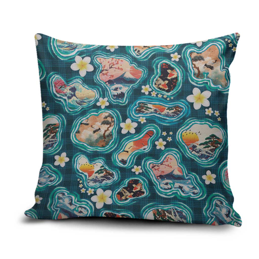 Hawaiian and Japanese Culture Together Pillow Cover Hawaiian Island Shapes with Japanese Landscape Teal Color LT03 Teal - Polynesian Pride