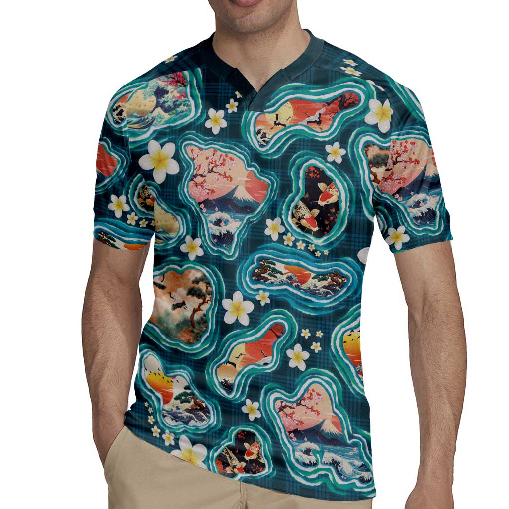 Hawaiian and Japanese Culture Together Rugby Jersey Hawaiian Island Shapes with Japanese Landscape Teal Color LT03 - Polynesian Pride