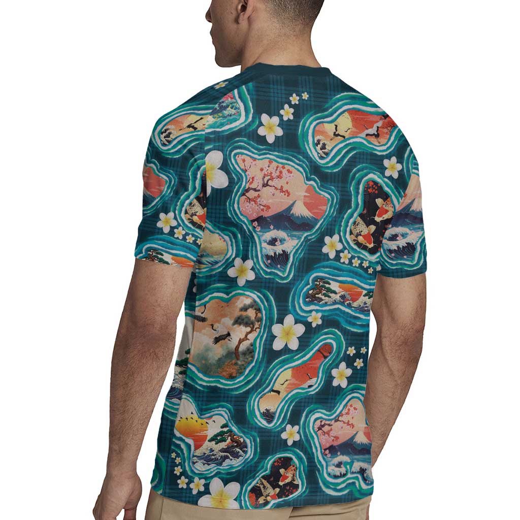 Hawaiian and Japanese Culture Together Rugby Jersey Hawaiian Island Shapes with Japanese Landscape Teal Color LT03 - Polynesian Pride