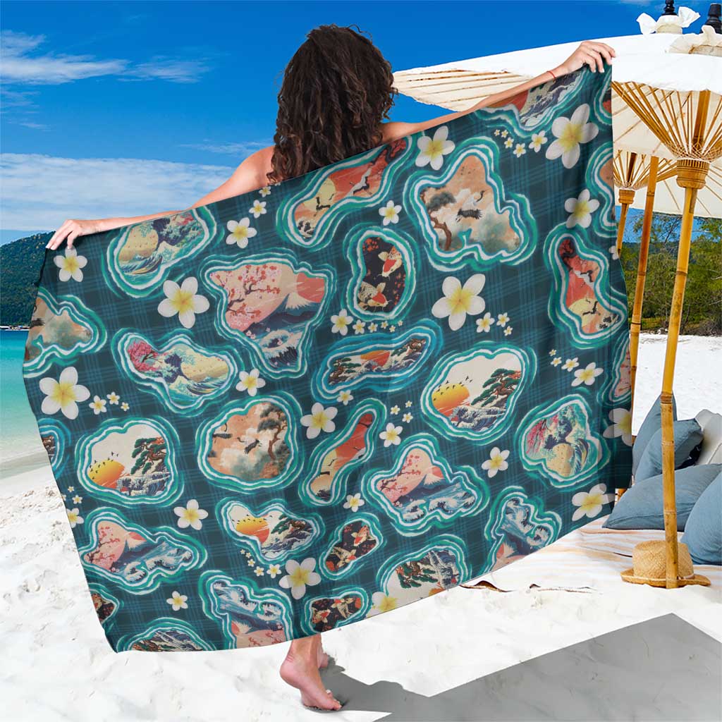 Hawaiian and Japanese Culture Together Sarong Hawaiian Island Shapes with Japanese Landscape Teal Color LT03 One Size 44 x 66 inches Teal - Polynesian Pride
