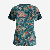 Hawaiian and Japanese Culture Together Scrub Top Hawaiian Island Shapes with Japanese Landscape Teal Color LT03 - Polynesian Pride
