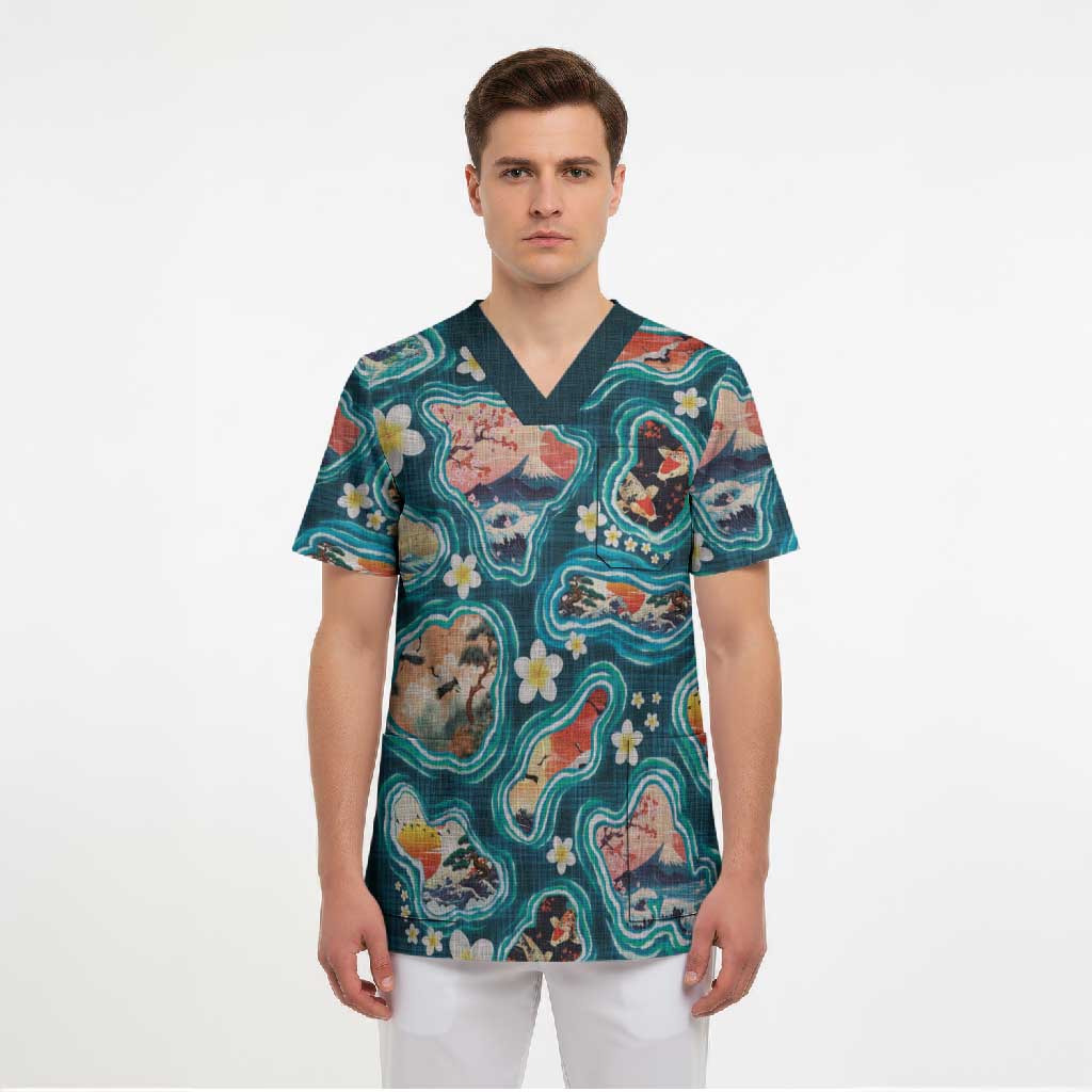 Hawaiian and Japanese Culture Together Scrub Top Hawaiian Island Shapes with Japanese Landscape Teal Color LT03 - Polynesian Pride