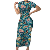 Hawaiian and Japanese Culture Together Short Sleeve Bodycon Dress Hawaiian Island Shapes with Japanese Landscape Teal Color LT03 Long Dress Teal - Polynesian Pride