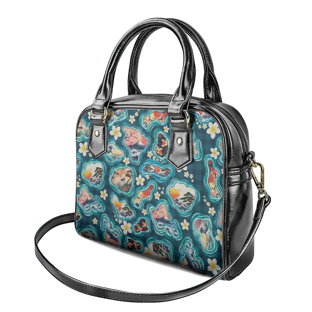 Hawaiian and Japanese Culture Together Shoulder Handbag Hawaiian Island Shapes with Japanese Landscape Teal Color LT03 - Polynesian Pride