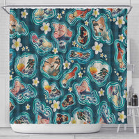 Hawaiian and Japanese Culture Together Shower Curtain Hawaiian Island Shapes with Japanese Landscape Teal Color LT03 - Polynesian Pride