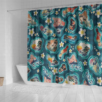 Hawaiian and Japanese Culture Together Shower Curtain Hawaiian Island Shapes with Japanese Landscape Teal Color LT03 - Polynesian Pride