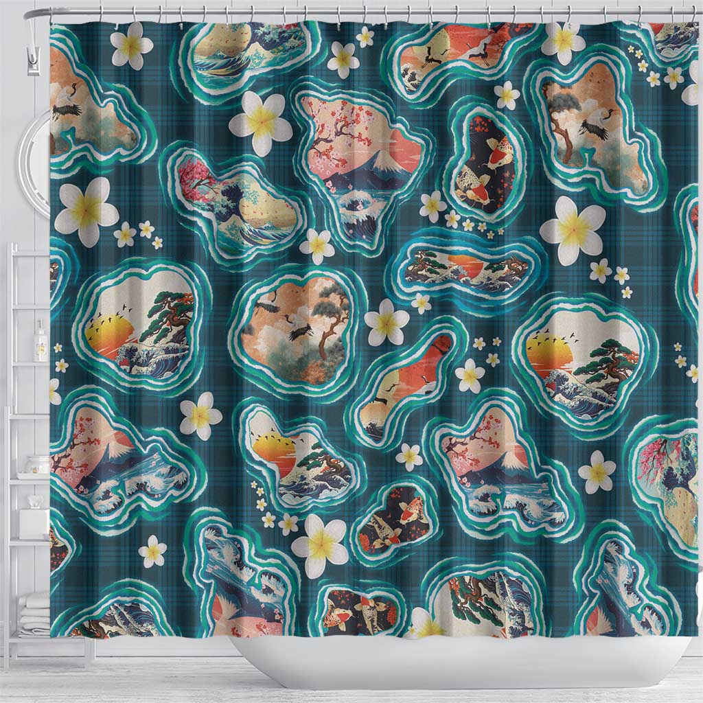 Hawaiian and Japanese Culture Together Shower Curtain Hawaiian Island Shapes with Japanese Landscape Teal Color LT03 - Polynesian Pride