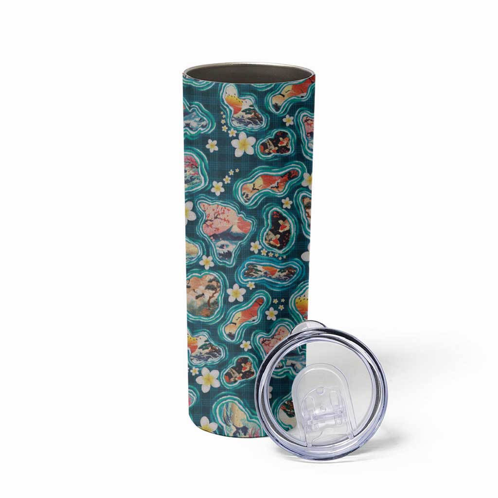 Hawaiian and Japanese Culture Together Skinny Tumbler Hawaiian Island Shapes with Japanese Landscape Teal Color LT03 - Polynesian Pride