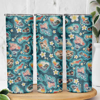 Hawaiian and Japanese Culture Together Skinny Tumbler Hawaiian Island Shapes with Japanese Landscape Teal Color LT03 - Polynesian Pride