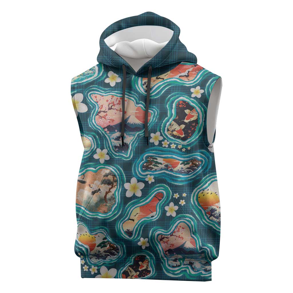 Hawaiian and Japanese Culture Together Sleeveless Hoodie Hawaiian Island Shapes with Japanese Landscape Teal Color LT03 Teal - Polynesian Pride