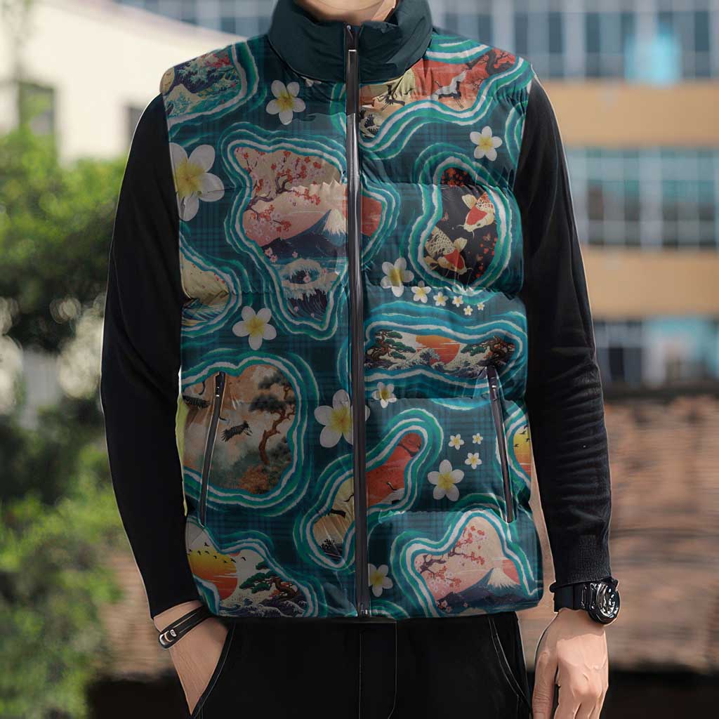Hawaiian and Japanese Culture Together Sleeveless Puffer Jacket Hawaiian Island Shapes with Japanese Landscape Teal Color LT03 - Polynesian Pride