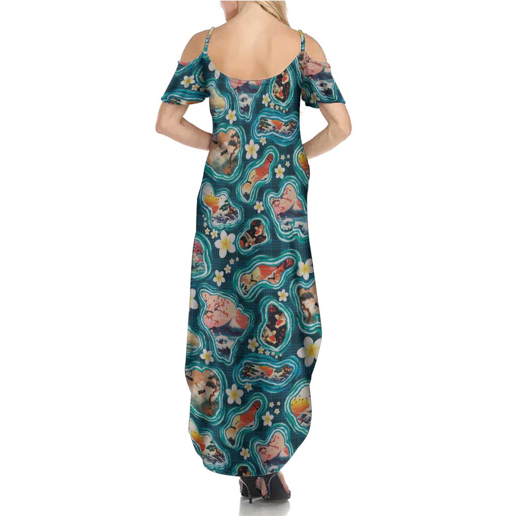 Hawaiian and Japanese Culture Together Summer Maxi Dress Hawaiian Island Shapes with Japanese Landscape Teal Color LT03 - Polynesian Pride