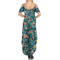 Hawaiian and Japanese Culture Together Summer Maxi Dress Hawaiian Island Shapes with Japanese Landscape Teal Color LT03 - Polynesian Pride