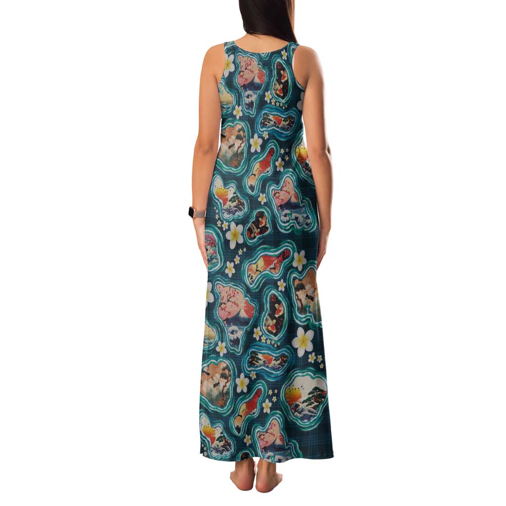 Hawaiian and Japanese Culture Together Tank Maxi Dress Hawaiian Island Shapes with Japanese Landscape Teal Color LT03 - Polynesian Pride
