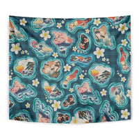 Hawaiian and Japanese Culture Together Tapestry Hawaiian Island Shapes with Japanese Landscape Teal Color LT03 - Polynesian Pride