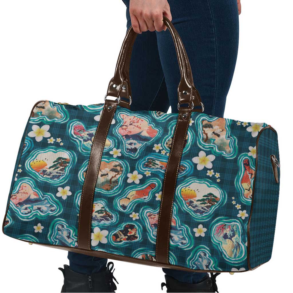 Hawaiian and Japanese Culture Together Travel Bag Hawaiian Island Shapes with Japanese Landscape Teal Color LT03 - Polynesian Pride