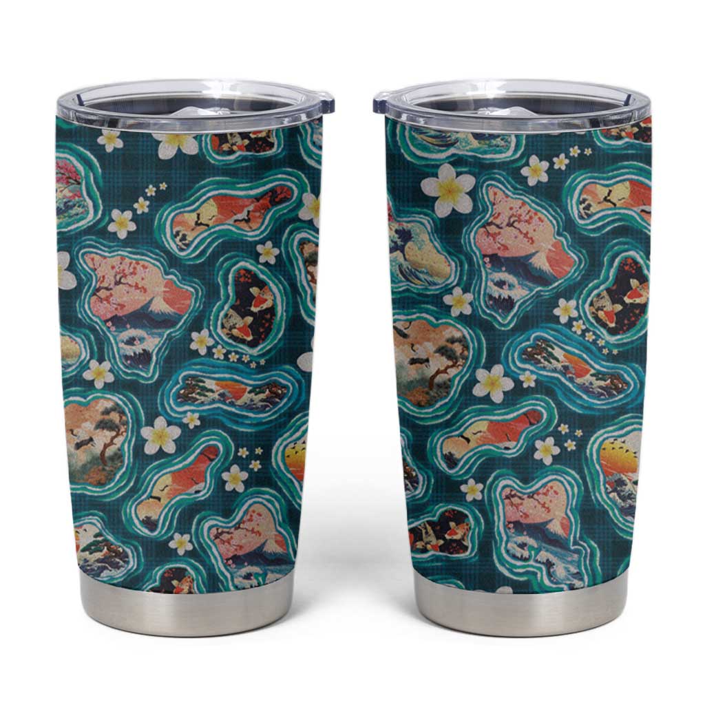 Hawaiian and Japanese Culture Together Tumbler Cup Hawaiian Island Shapes with Japanese Landscape Teal Color LT03 Teal - Polynesian Pride