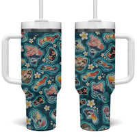 Hawaiian and Japanese Culture Together Tumbler With Handle Hawaiian Island Shapes with Japanese Landscape Teal Color LT03 One Size: 40 oz Teal - Polynesian Pride