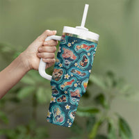 Hawaiian and Japanese Culture Together Tumbler With Handle Hawaiian Island Shapes with Japanese Landscape Teal Color LT03 - Polynesian Pride