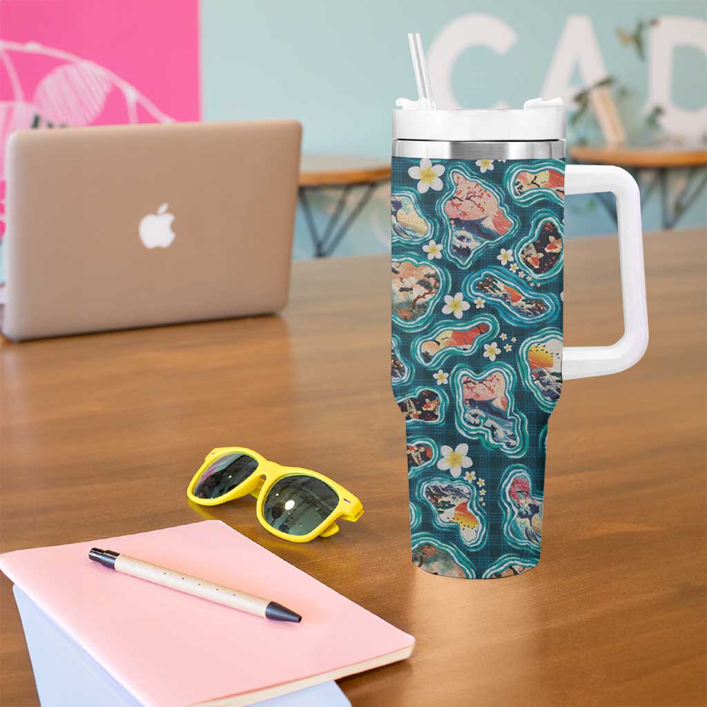 Hawaiian and Japanese Culture Together Tumbler With Handle Hawaiian Island Shapes with Japanese Landscape Teal Color LT03 - Polynesian Pride