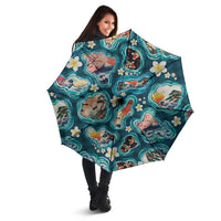 Hawaiian and Japanese Culture Together Umbrella Hawaiian Island Shapes with Japanese Landscape Teal Color LT03 - Polynesian Pride