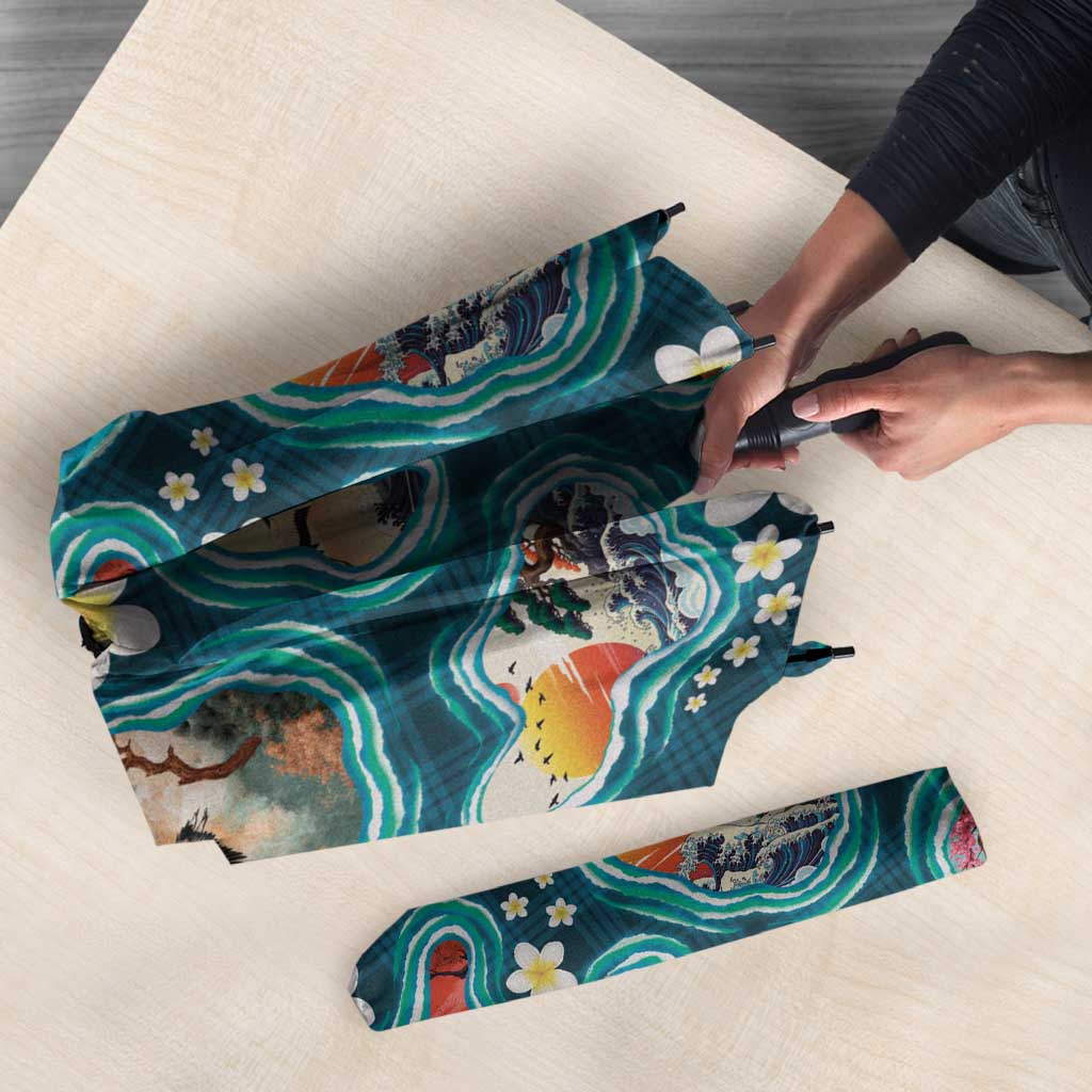 Hawaiian and Japanese Culture Together Umbrella Hawaiian Island Shapes with Japanese Landscape Teal Color LT03 - Polynesian Pride