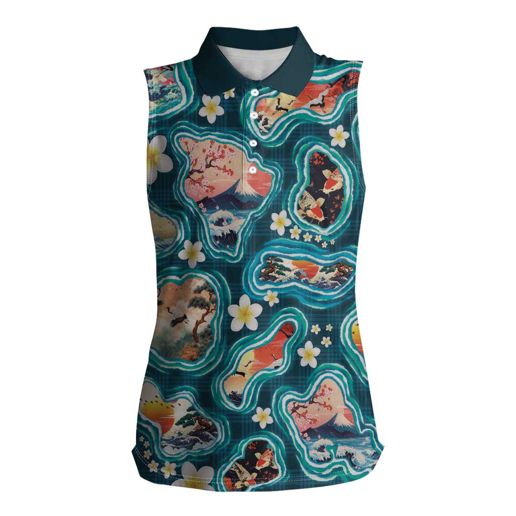 Hawaiian and Japanese Culture Together Women Sleeveless Polo Shirt Hawaiian Island Shapes with Japanese Landscape Teal Color LT03 Female Teal - Polynesian Pride