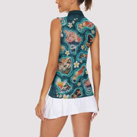 Hawaiian and Japanese Culture Together Women Sleeveless Polo Shirt Hawaiian Island Shapes with Japanese Landscape Teal Color LT03 - Polynesian Pride