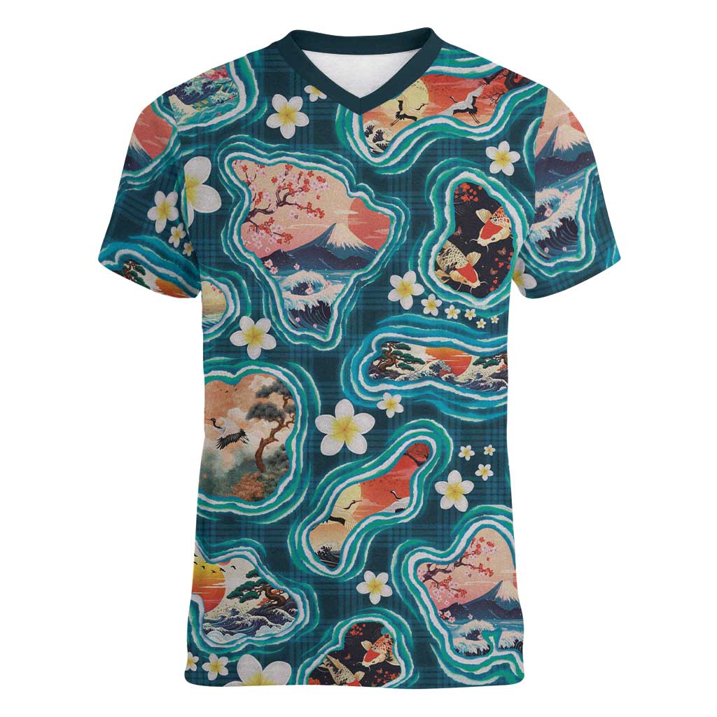 Hawaiian and Japanese Culture Together Women V-Neck T-Shirt Hawaiian Island Shapes with Japanese Landscape Teal Color