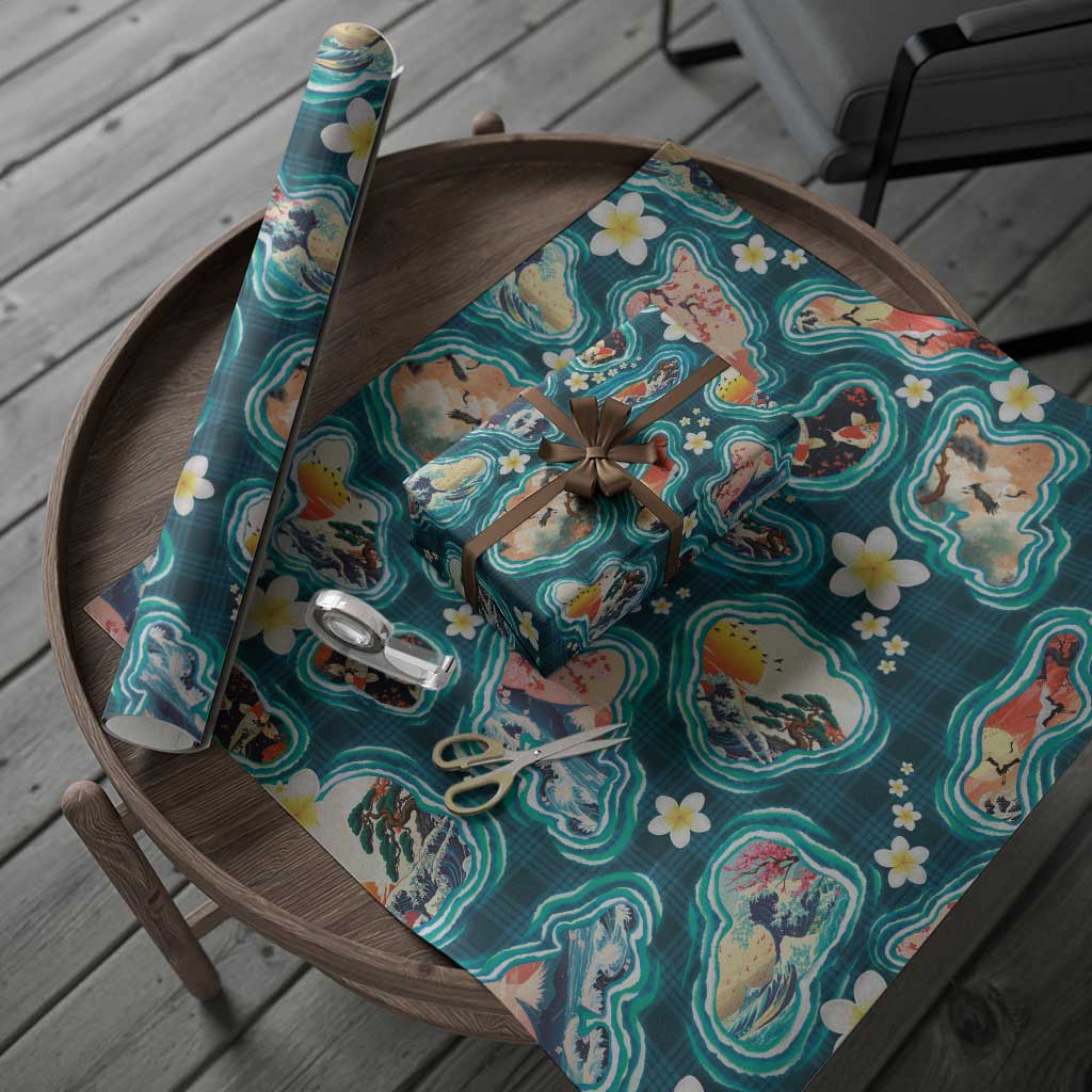 Hawaiian and Japanese Culture Together Wrapping Paper Hawaiian Island Shapes with Japanese Landscape Teal Color LT03 - Polynesian Pride
