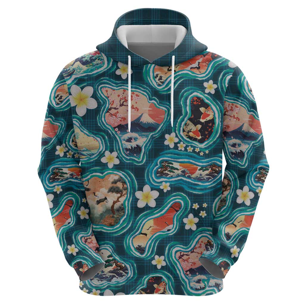 Hawaiian and Japanese Culture Together Zip Hoodie Hawaiian Island Shapes with Japanese Landscape Teal Color LT03 - Polynesian Pride