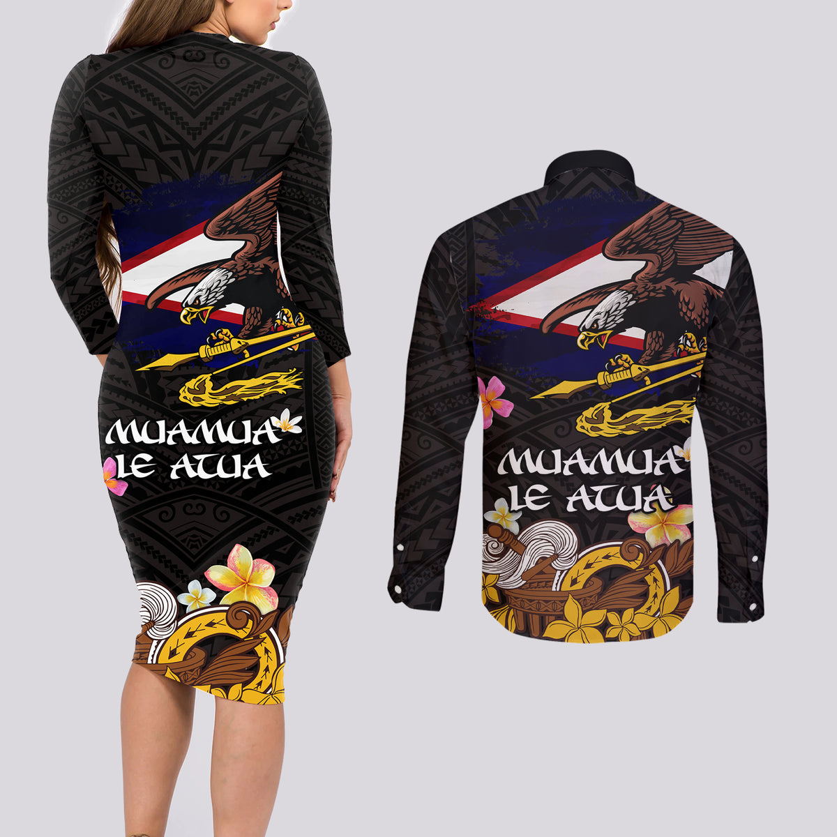 American Samoa Fue and Kava Bowl Couples Matching Long Sleeve Bodycon Dress and Long Sleeve Button Shirt Plumeria and Polynesian Pattern LT03 - Polynesian Pride