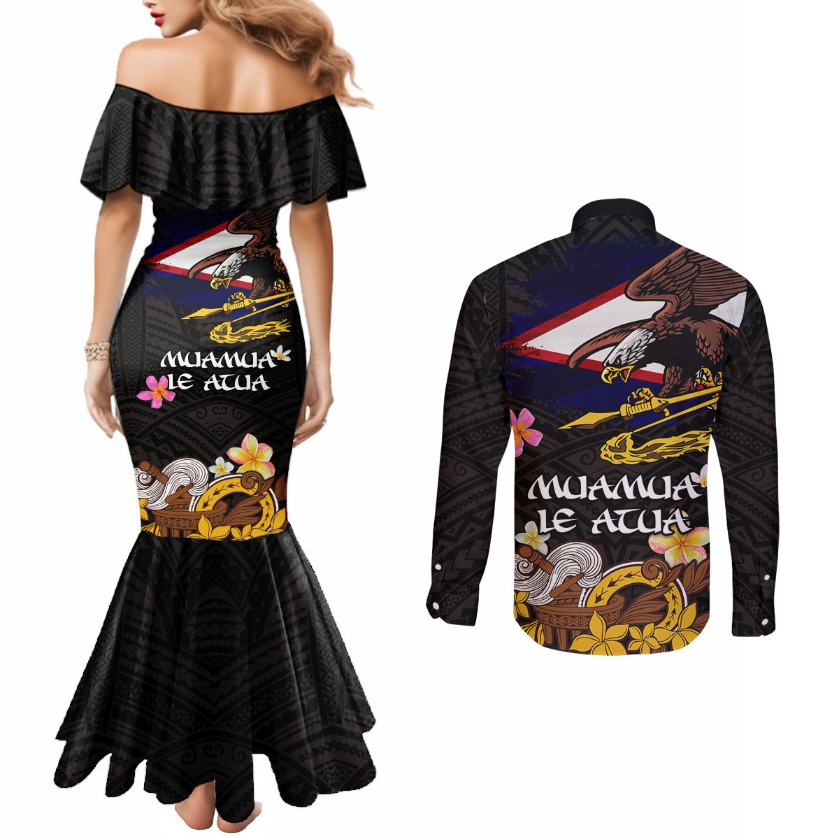American Samoa Fue and Kava Bowl Couples Matching Mermaid Dress and Long Sleeve Button Shirt Plumeria and Polynesian Pattern LT03 - Polynesian Pride
