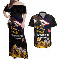 American Samoa Fue and Kava Bowl Couples Matching Off Shoulder Maxi Dress and Hawaiian Shirt Plumeria and Polynesian Pattern LT03 Black - Polynesian Pride