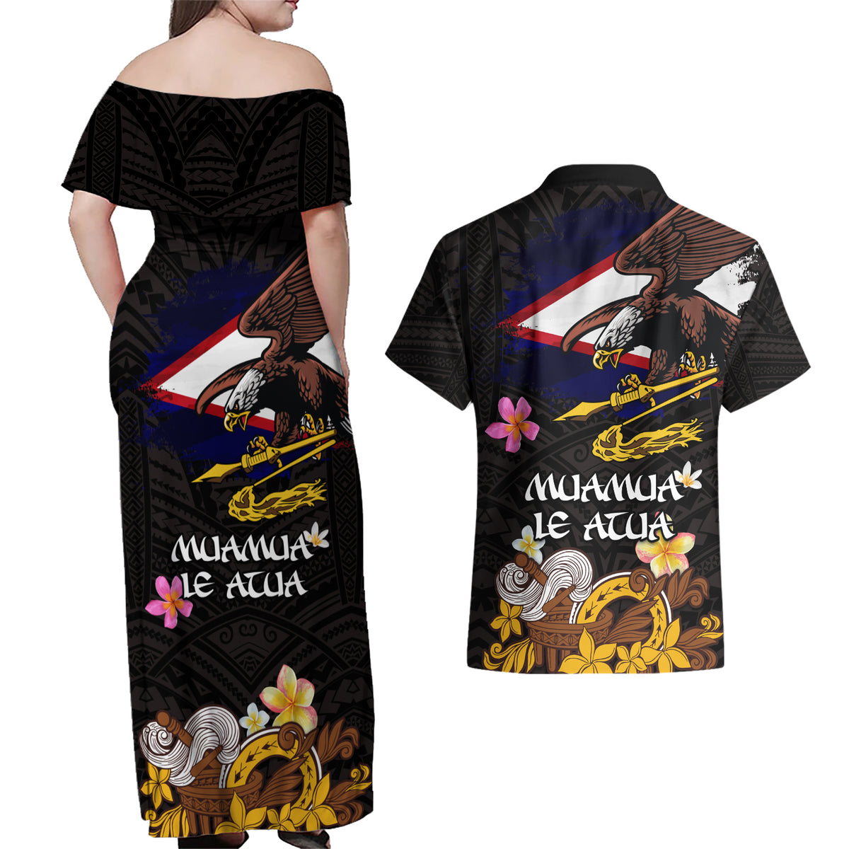 American Samoa Fue and Kava Bowl Couples Matching Off Shoulder Maxi Dress and Hawaiian Shirt Plumeria and Polynesian Pattern LT03 - Polynesian Pride