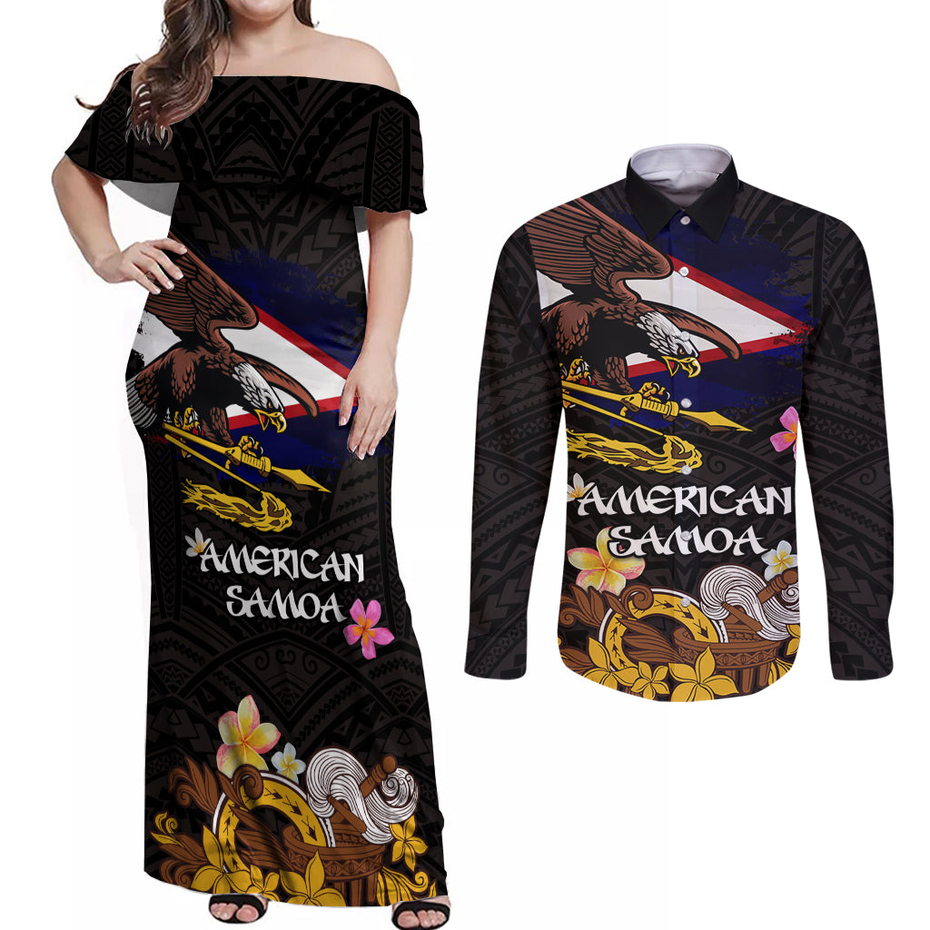 American Samoa Fue and Kava Bowl Couples Matching Off Shoulder Maxi Dress and Long Sleeve Button Shirt Plumeria and Polynesian Pattern LT03 Black - Polynesian Pride