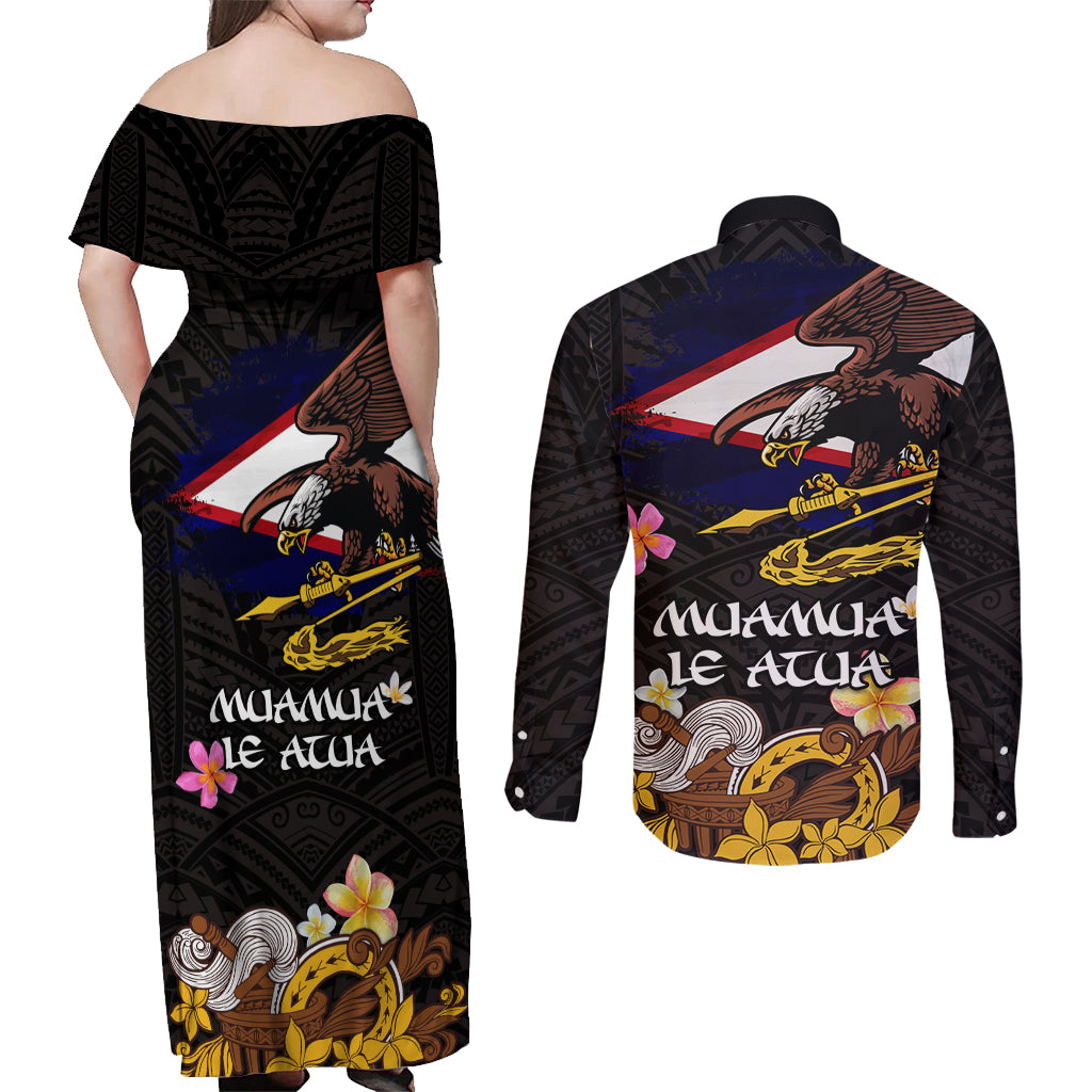 American Samoa Fue and Kava Bowl Couples Matching Off Shoulder Maxi Dress and Long Sleeve Button Shirt Plumeria and Polynesian Pattern LT03 - Polynesian Pride