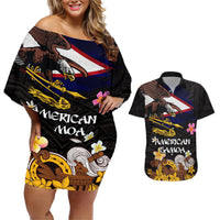 American Samoa Fue and Kava Bowl Couples Matching Off Shoulder Short Dress and Hawaiian Shirt Plumeria and Polynesian Pattern LT03 Black - Polynesian Pride