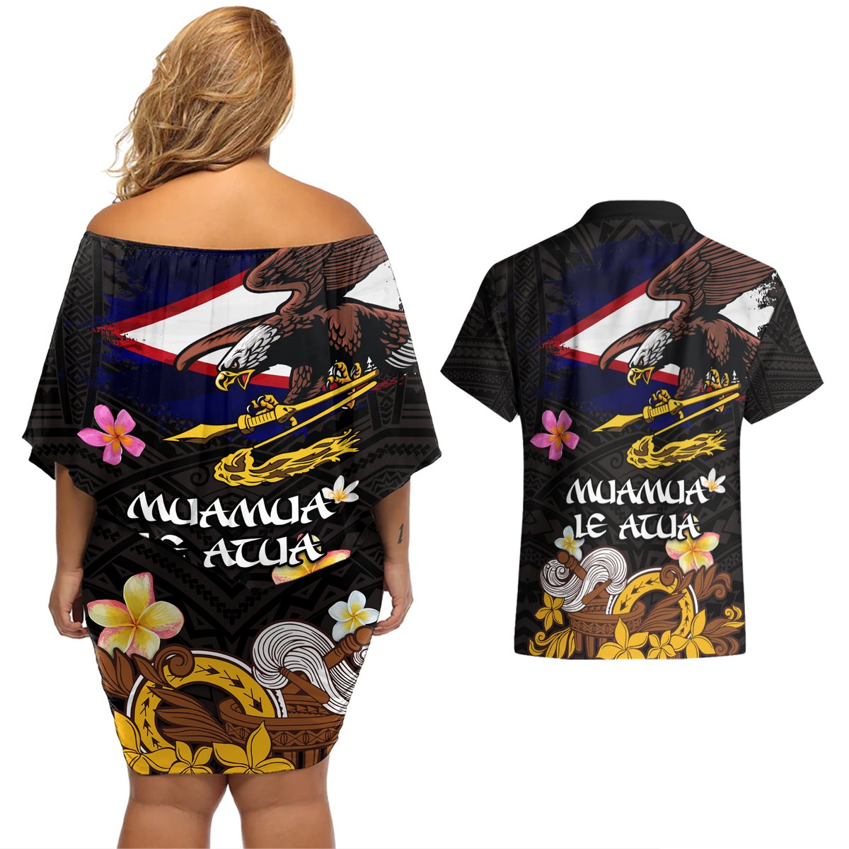 American Samoa Fue and Kava Bowl Couples Matching Off Shoulder Short Dress and Hawaiian Shirt Plumeria and Polynesian Pattern LT03 - Polynesian Pride