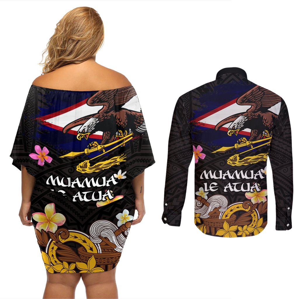 American Samoa Fue and Kava Bowl Couples Matching Off Shoulder Short Dress and Long Sleeve Button Shirt Plumeria and Polynesian Pattern LT03 - Polynesian Pride