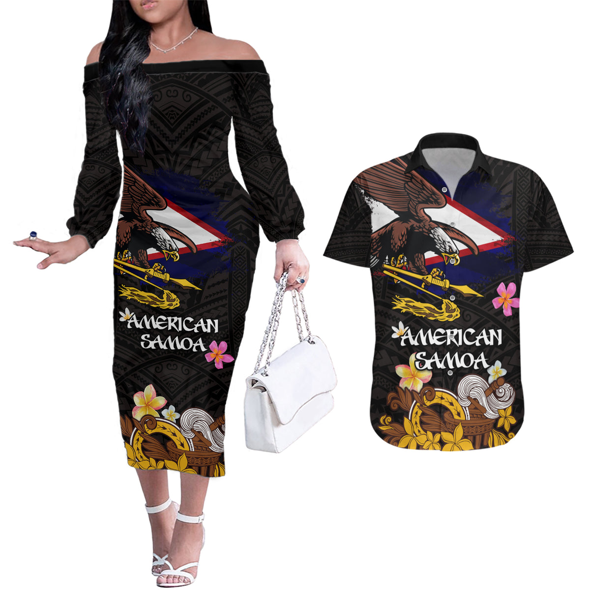 American Samoa Fue and Kava Bowl Couples Matching Off The Shoulder Long Sleeve Dress and Hawaiian Shirt Plumeria and Polynesian Pattern LT03 Black - Polynesian Pride