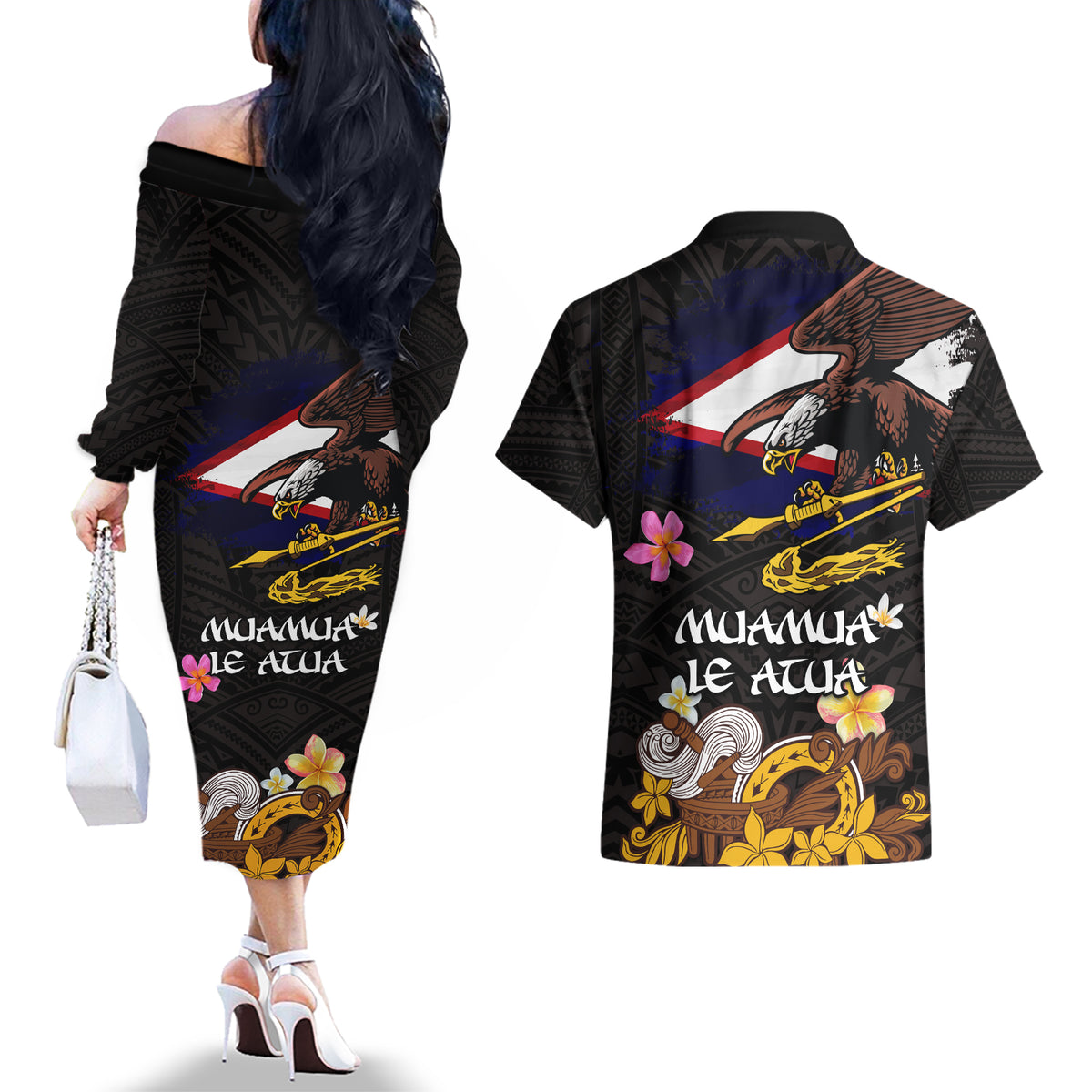 American Samoa Fue and Kava Bowl Couples Matching Off The Shoulder Long Sleeve Dress and Hawaiian Shirt Plumeria and Polynesian Pattern LT03 - Polynesian Pride