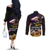 American Samoa Fue and Kava Bowl Couples Matching Off The Shoulder Long Sleeve Dress and Long Sleeve Button Shirt Plumeria and Polynesian Pattern LT03 - Polynesian Pride