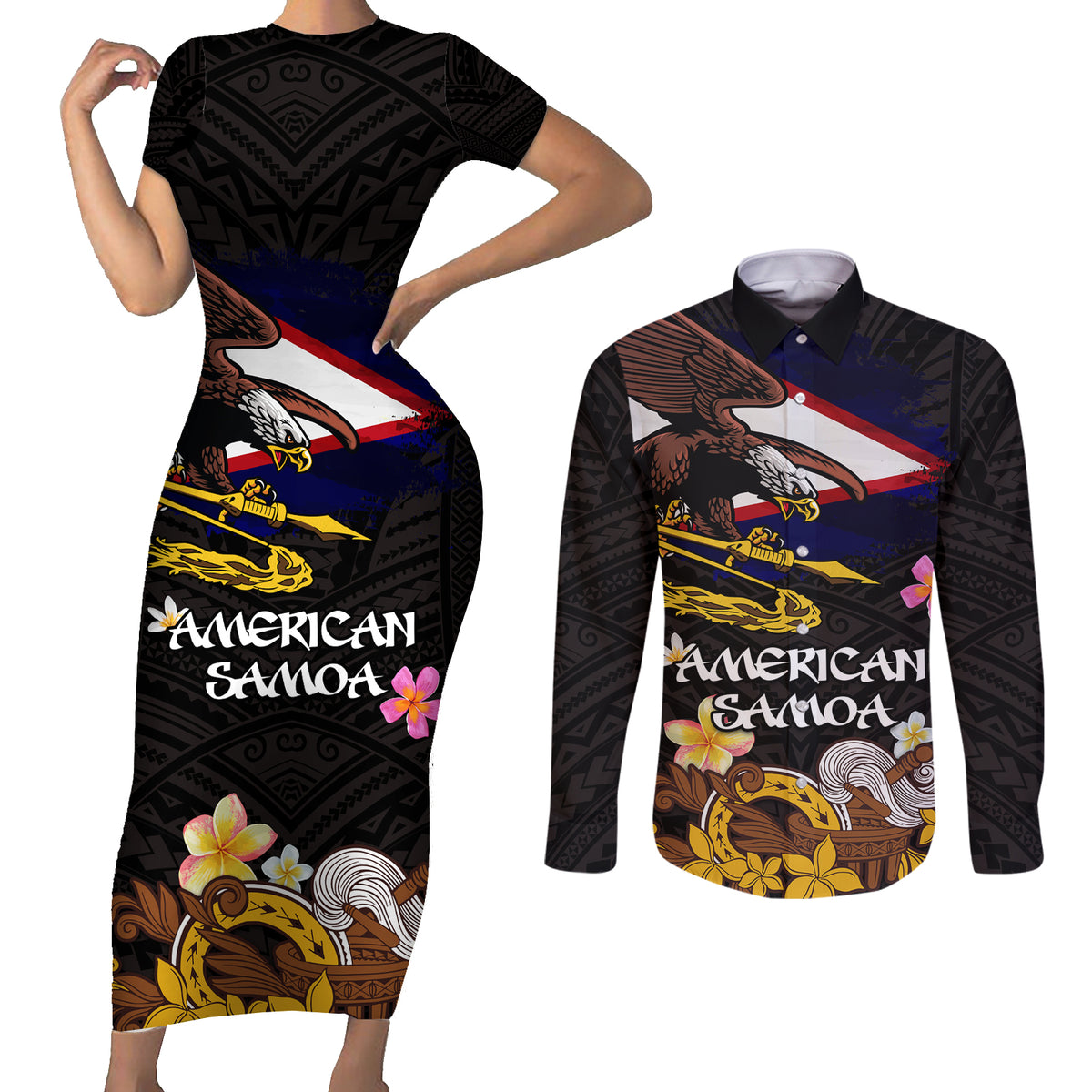 American Samoa Fue and Kava Bowl Couples Matching Short Sleeve Bodycon Dress and Long Sleeve Button Shirt Plumeria and Polynesian Pattern LT03 Black - Polynesian Pride