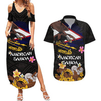 American Samoa Fue and Kava Bowl Couples Matching Summer Maxi Dress and Hawaiian Shirt Plumeria and Polynesian Pattern LT03 Black - Polynesian Pride