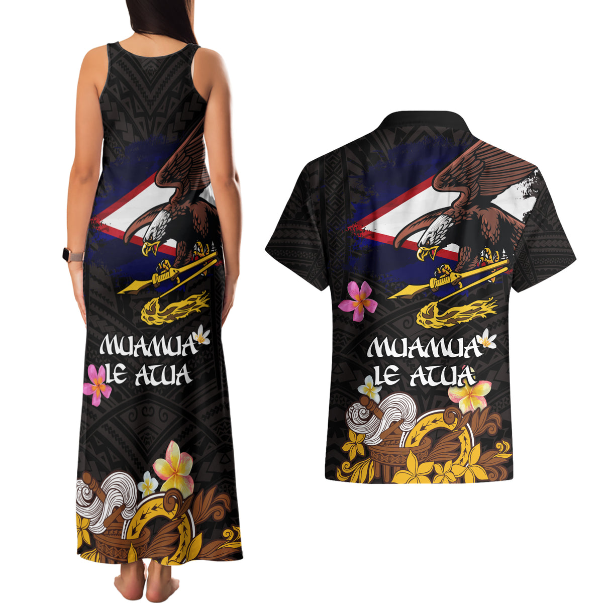 American Samoa Fue and Kava Bowl Couples Matching Tank Maxi Dress and Hawaiian Shirt Plumeria and Polynesian Pattern LT03 - Polynesian Pride