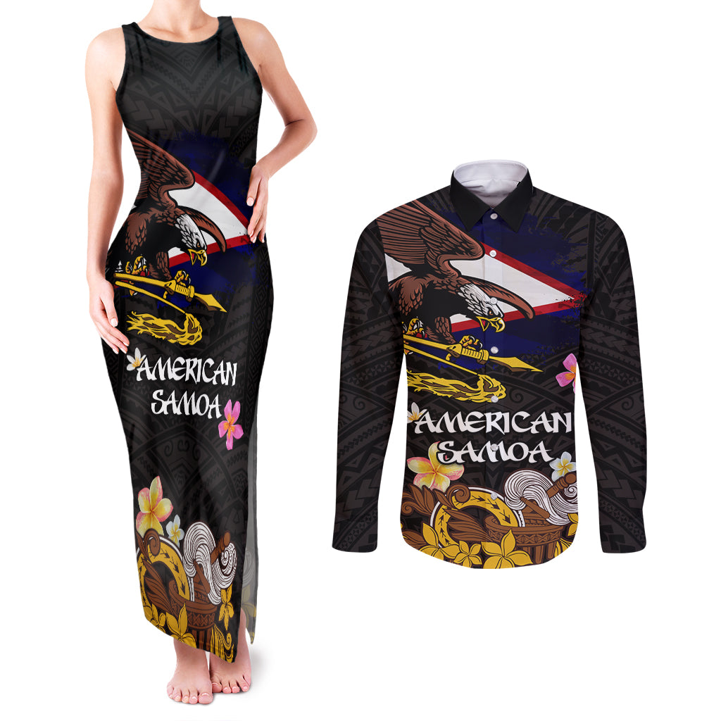 American Samoa Fue and Kava Bowl Couples Matching Tank Maxi Dress and Long Sleeve Button Shirt Plumeria and Polynesian Pattern LT03 Black - Polynesian Pride
