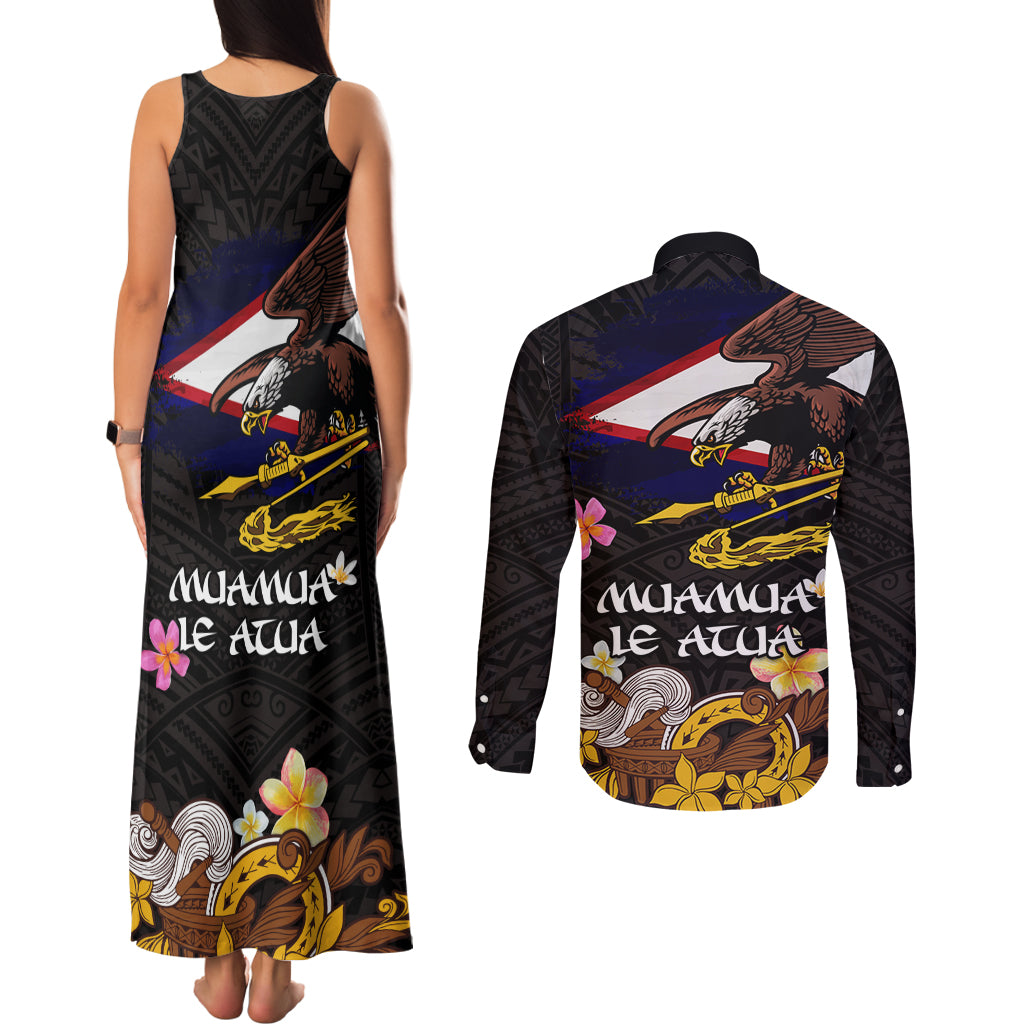 American Samoa Fue and Kava Bowl Couples Matching Tank Maxi Dress and Long Sleeve Button Shirt Plumeria and Polynesian Pattern LT03 - Polynesian Pride