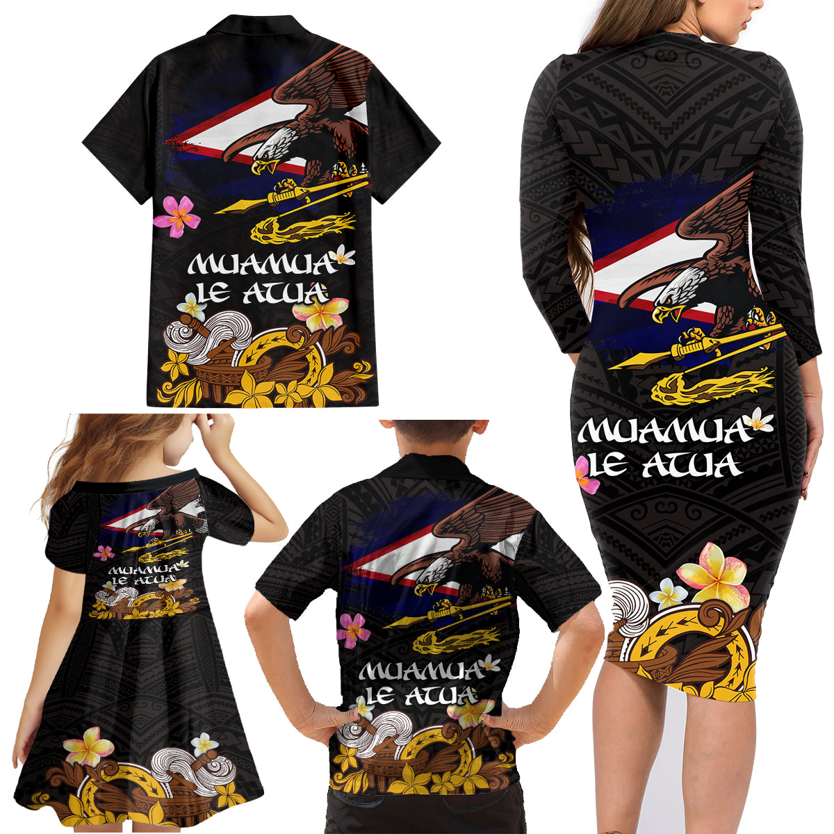 American Samoa Fue and Kava Bowl Family Matching Long Sleeve Bodycon Dress and Hawaiian Shirt Plumeria and Polynesian Pattern LT03 - Polynesian Pride