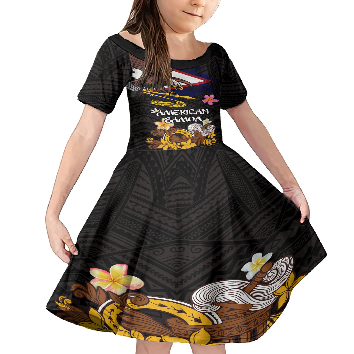 American Samoa Fue and Kava Bowl Family Matching Mermaid Dress and Hawaiian Shirt Plumeria and Polynesian Pattern LT03 Daughter's Dress Black - Polynesian Pride
